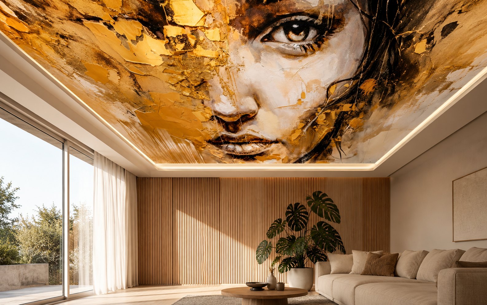 Printed stretch ceiling with a backlit graphic