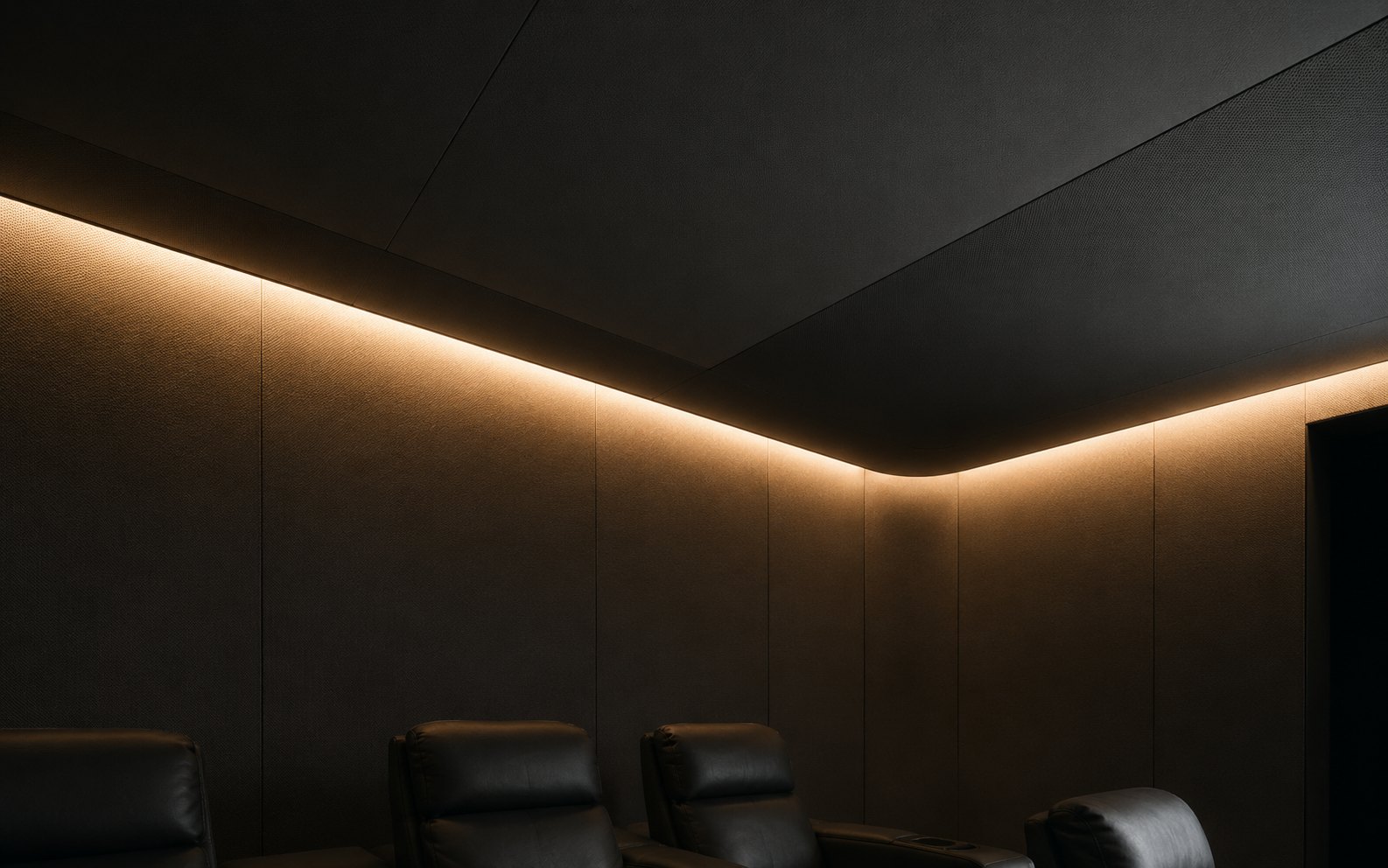 Acoustic stretch fabric wall panel in a dark interior
