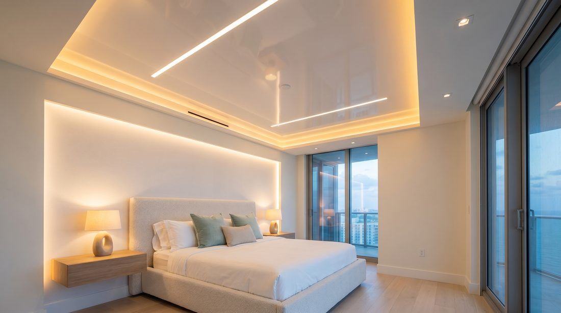 The same bedroom with perimeter cove, linear, recessed, and backlit headboard lighting in a new stretch ceiling, after