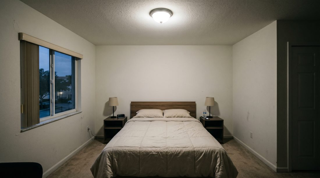 Plain builder-default condo bedroom lit by a single flush-mount fixture, before