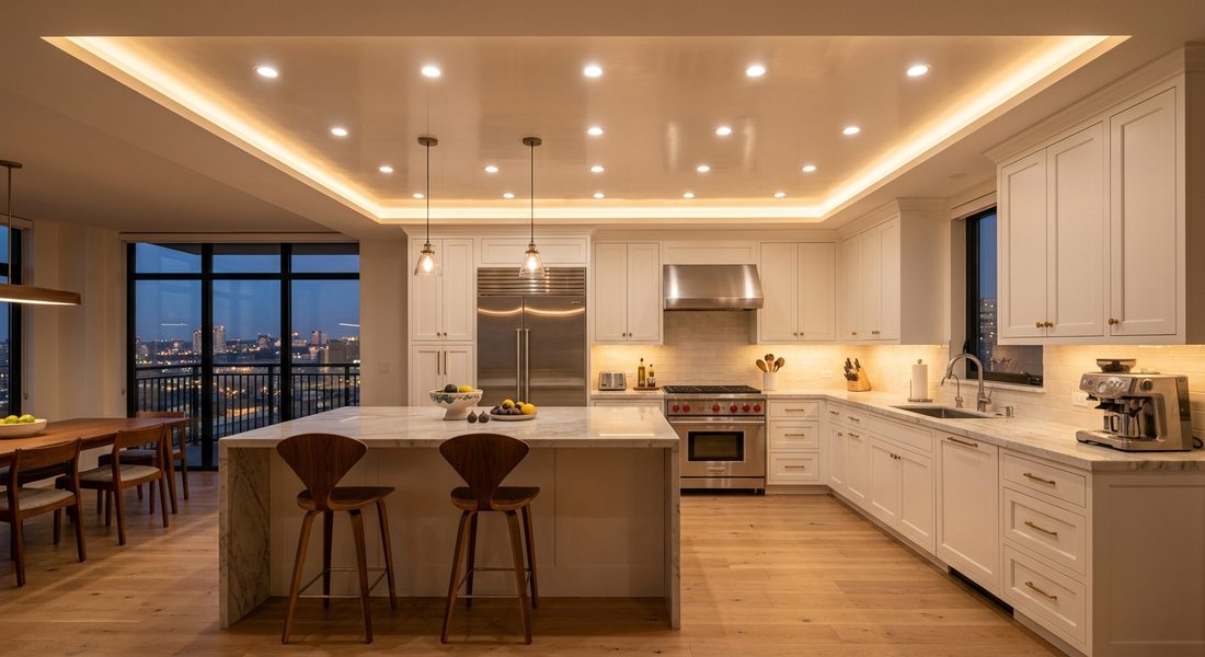 The same kitchen rebuilt with cove, recessed, and under-cabinet lighting, after