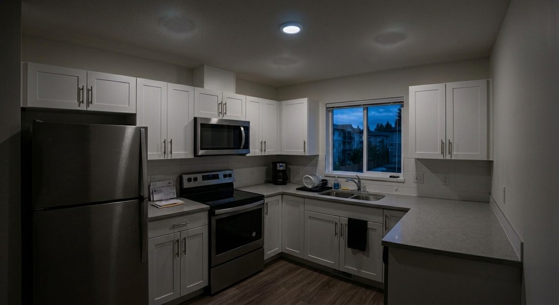 Flat builder-default condo kitchen with a single light, before