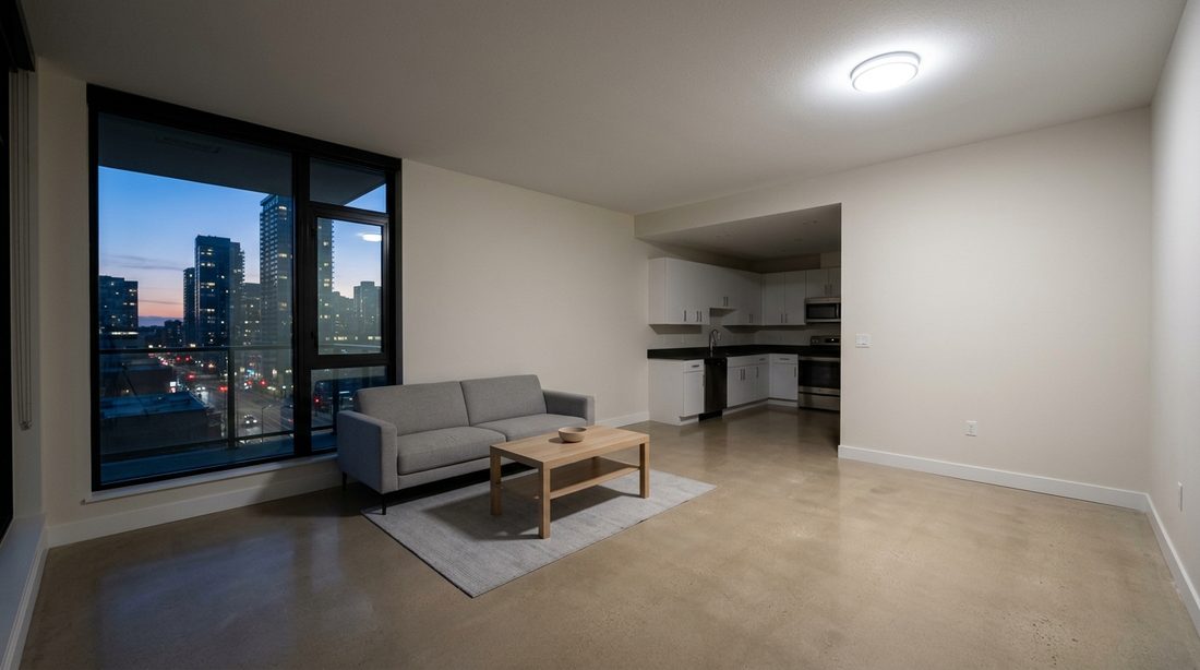 Dim condo living room with a single flush-mount ceiling light and dark corners, before
