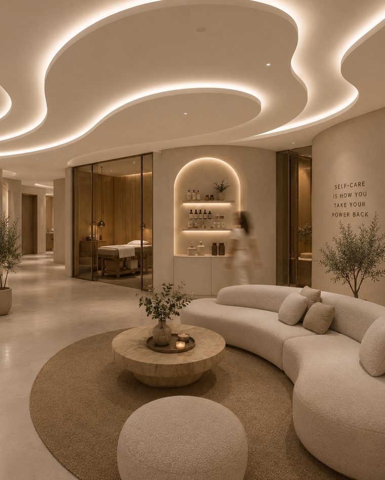 Sculptural 3D curved stretch ceiling with warm cove lighting in an elegant lounge