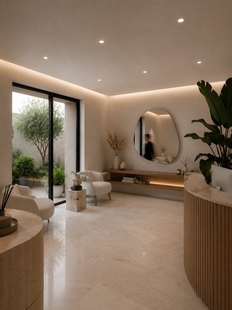 Recessed downlights set into a smooth stretch ceiling
