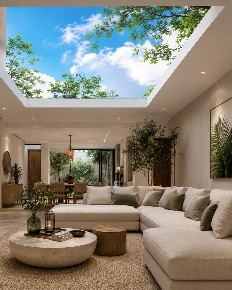 Printed stretch ceiling showing a bright blue sky with clouds above a living room