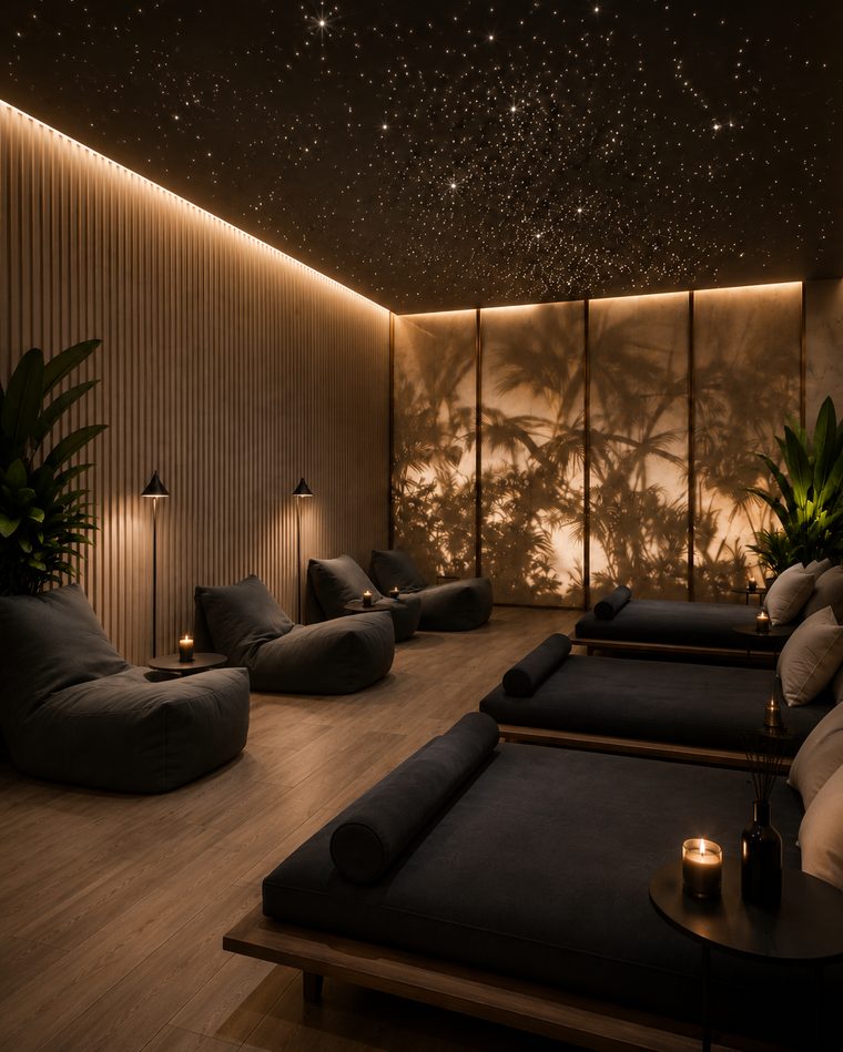 Star ceiling: deep starry-sky stretch ceiling with fiber optic lighting in a relaxation lounge