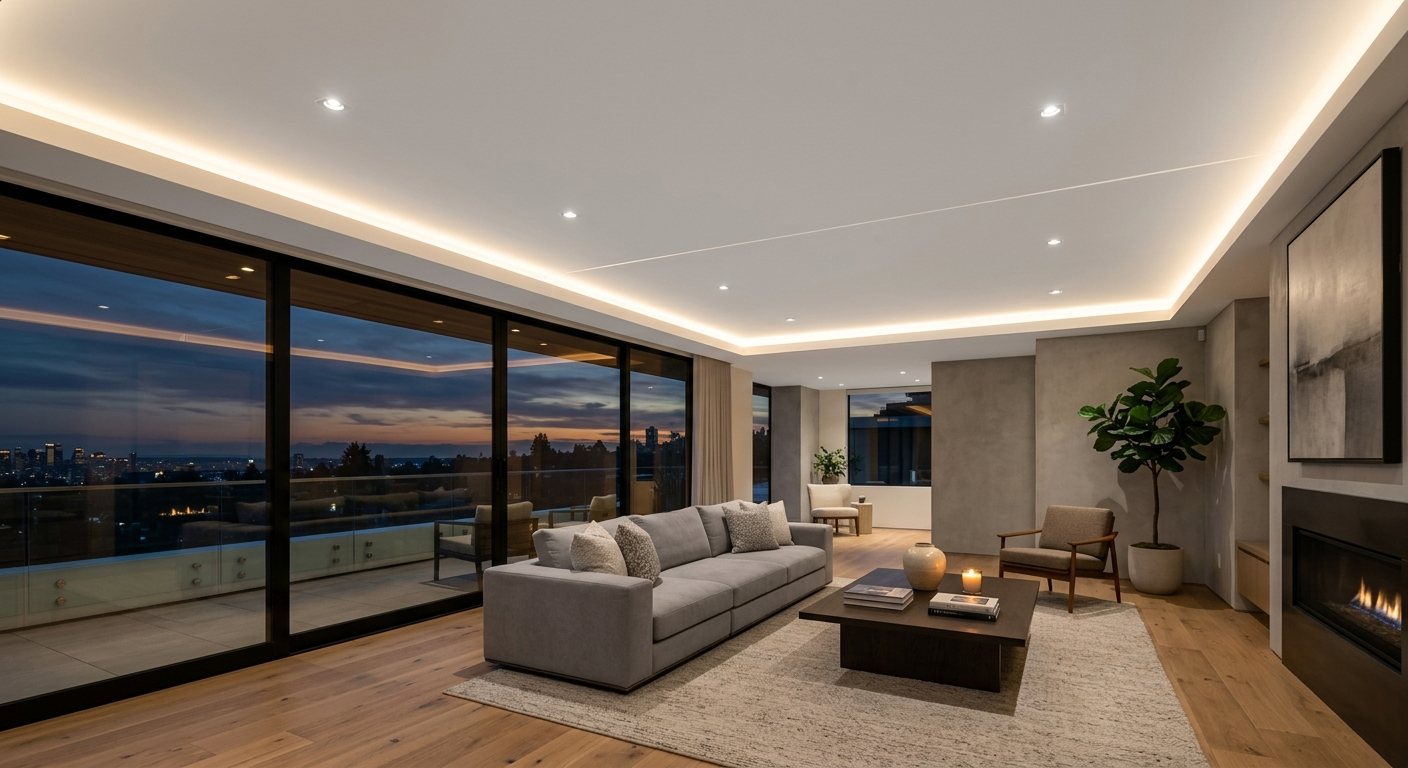The same living room with perimeter cove, recessed, and linear lighting built into a new stretch ceiling, after