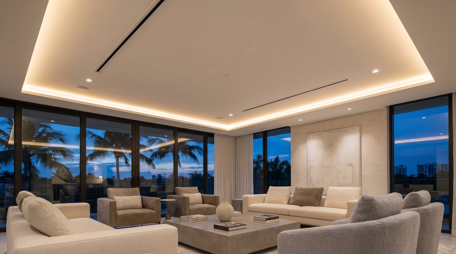 Modern South Florida condo living room at dusk with a seamless stretch ceiling featuring perimeter cove and linear lighting