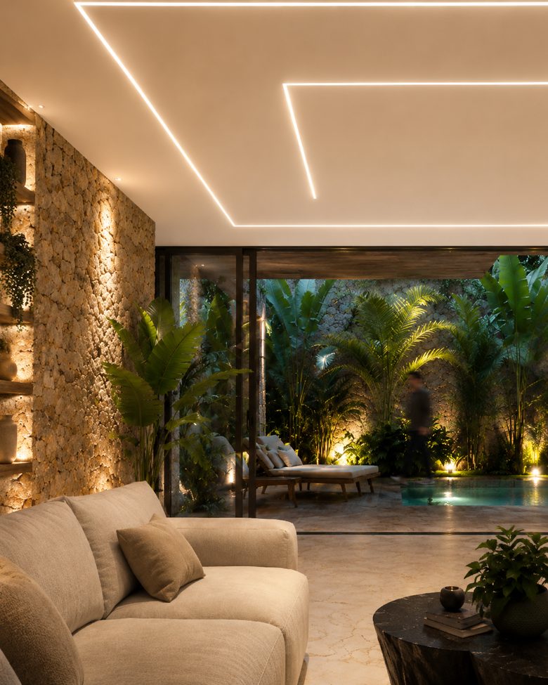 Linear lines of light set into a stretch ceiling