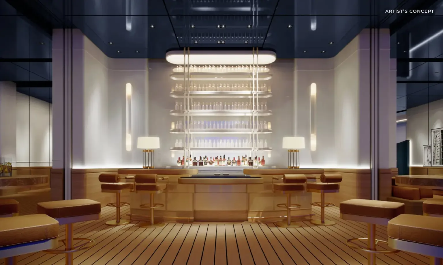 Architect's rendering of the Members Club bar at The Residences at Palm Beach Gardens, deep navy acoustic stretch ceiling with integrated recessed lighting