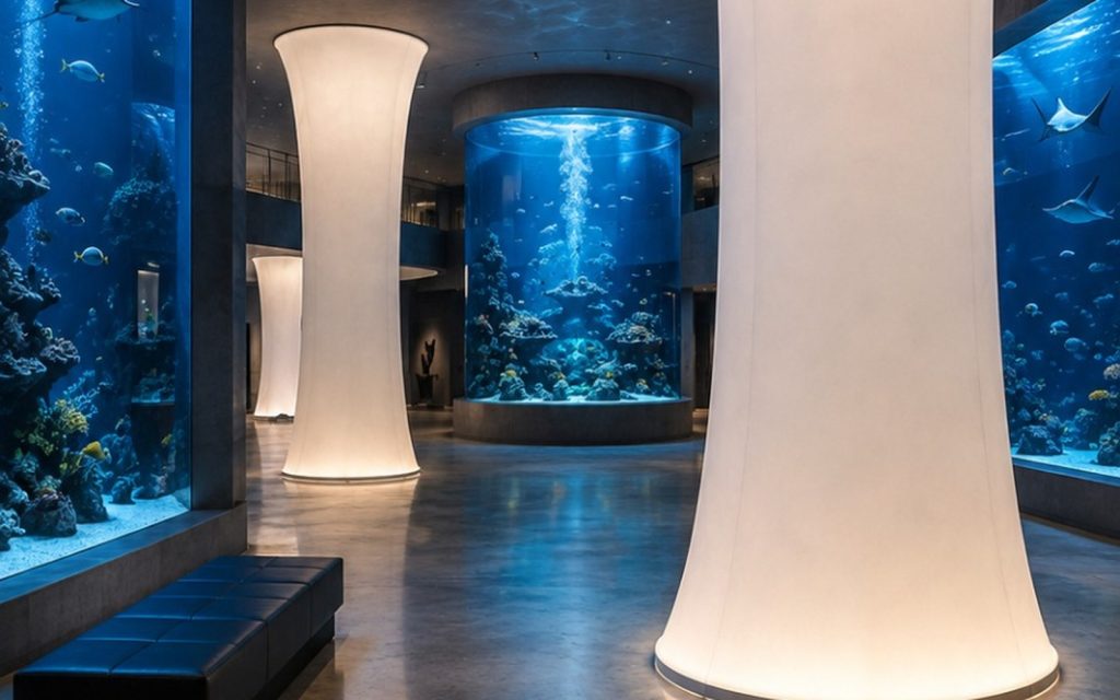 Waisted luminous stretch columns lighting an aquarium gallery beside reef tanks