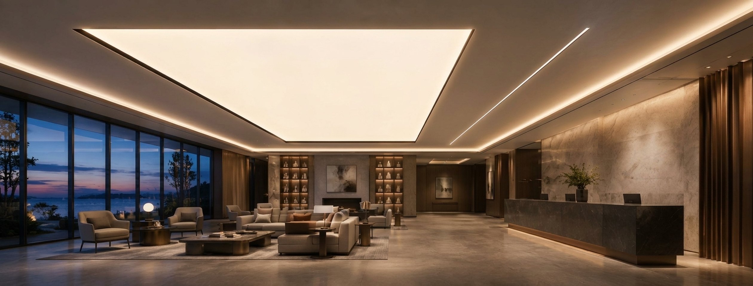 Lobby interior combining a backlit luminous ceiling field, recessed light lines and perimeter cove lighting at dusk
