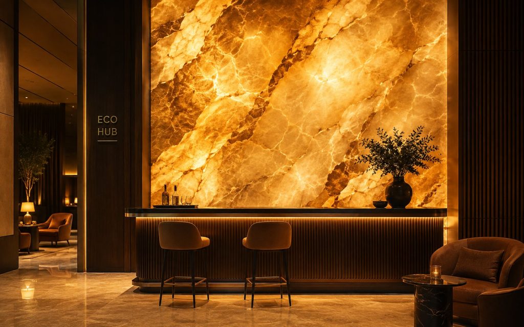 Backlit onyx look luminous wall panel behind a reception desk