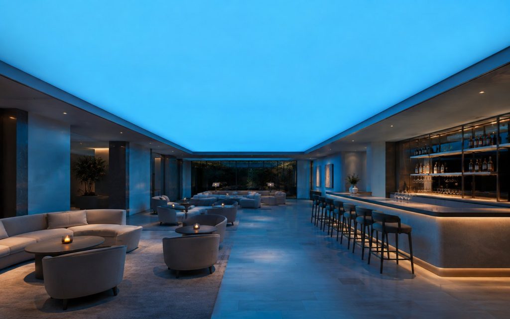 White luminous ceiling in a lounge running a single saturated color scene