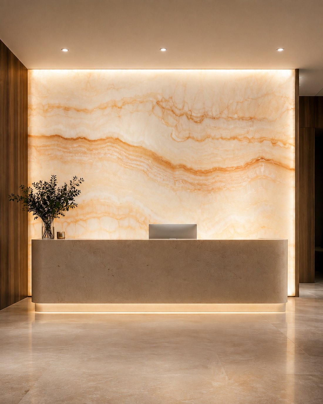 Backlit onyx look luminous feature wall panel behind a reception desk