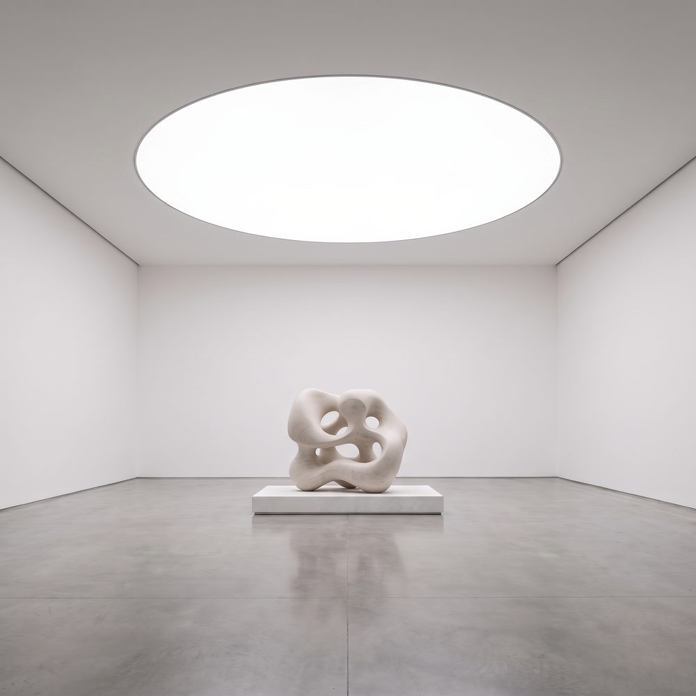 Circular luminous stretch ceiling recessed flush in a gallery