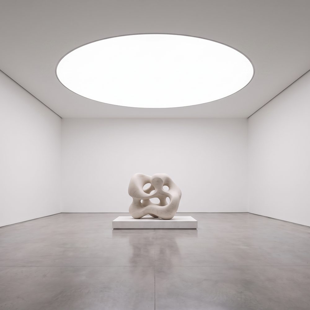 Elliptical luminous stretch ceiling recessed flush in a gallery