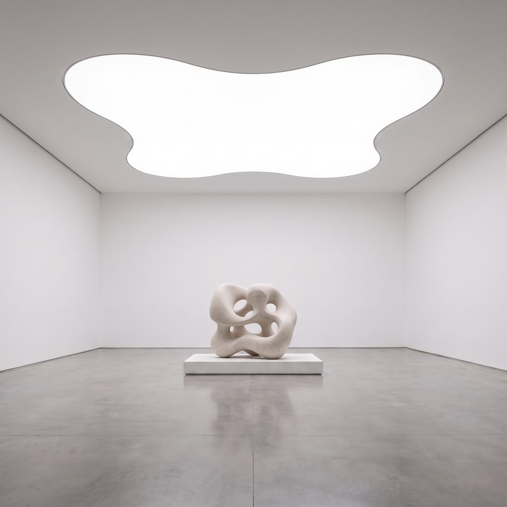 Freeform organic luminous stretch ceiling recessed flush in a gallery