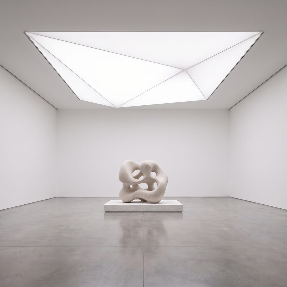 Three dimensional faceted luminous stretch ceiling dropping below the ceiling plane