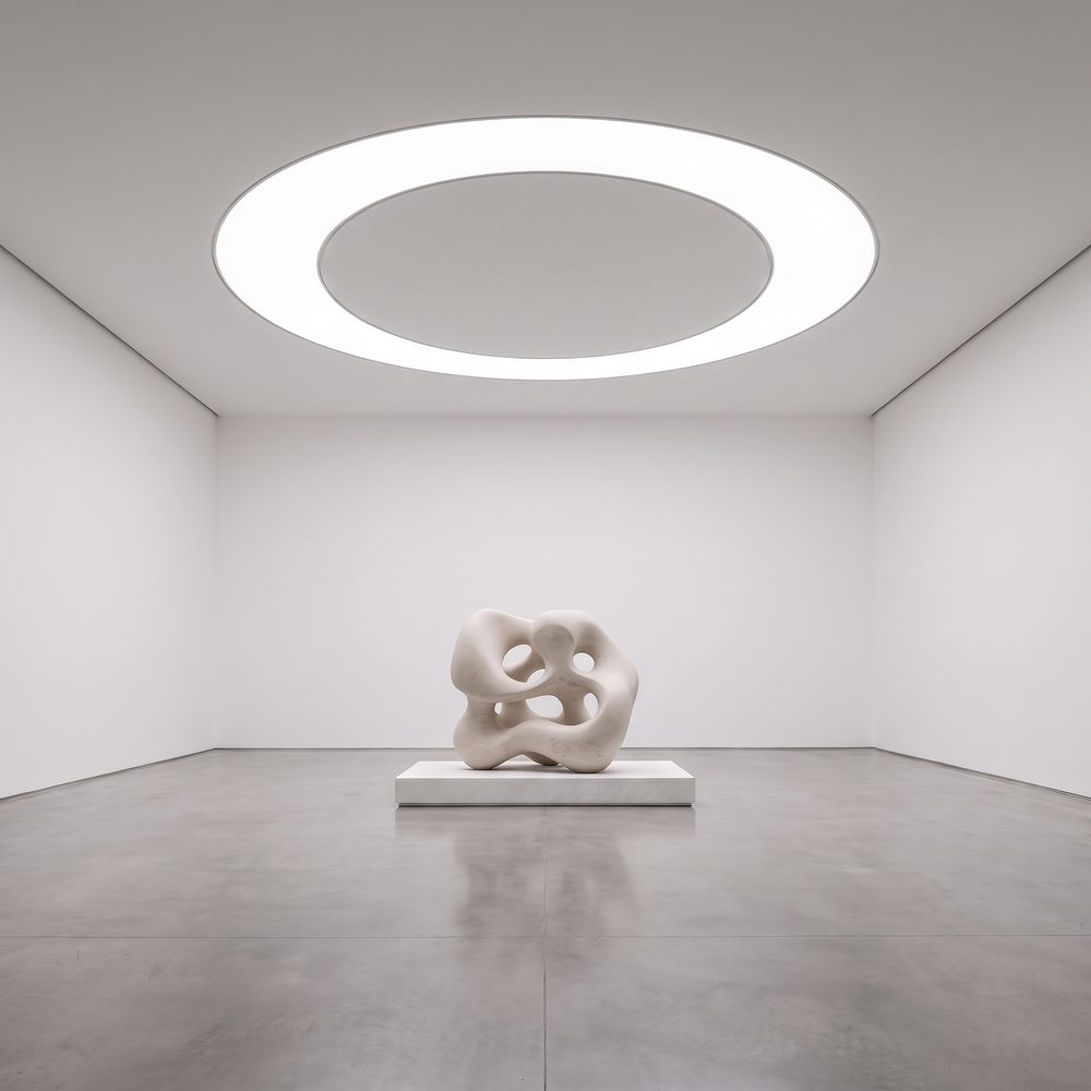 Ring shaped luminous stretch ceiling with an unlit centre recessed flush in a gallery