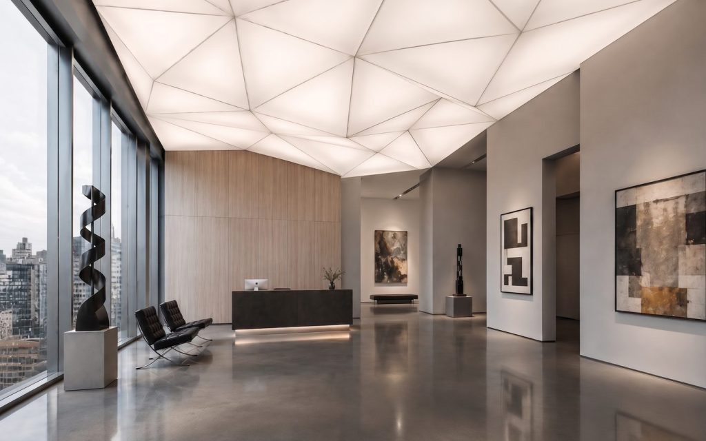 Faceted three dimensional luminous ceiling over a gallery lobby