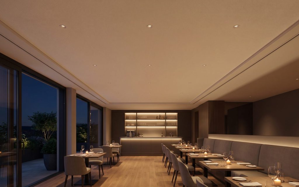 Seamless matte acoustic stretch ceiling over a restaurant dining room