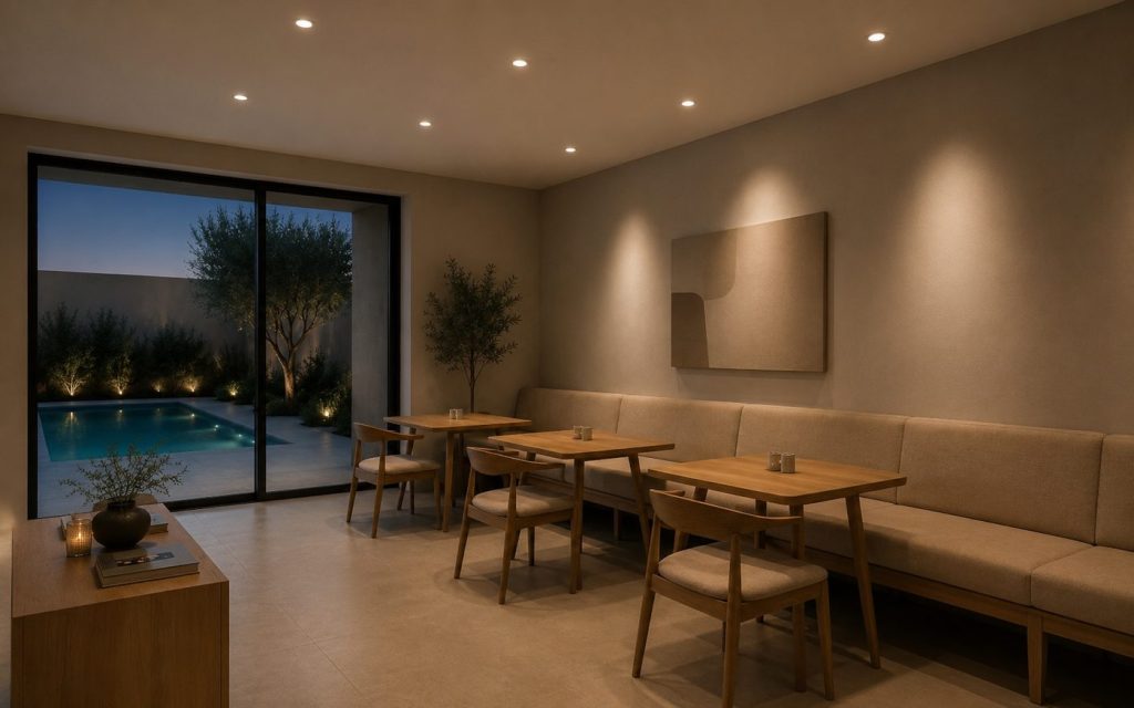 Classic matte stretch ceiling with flush recessed downlights in a restaurant