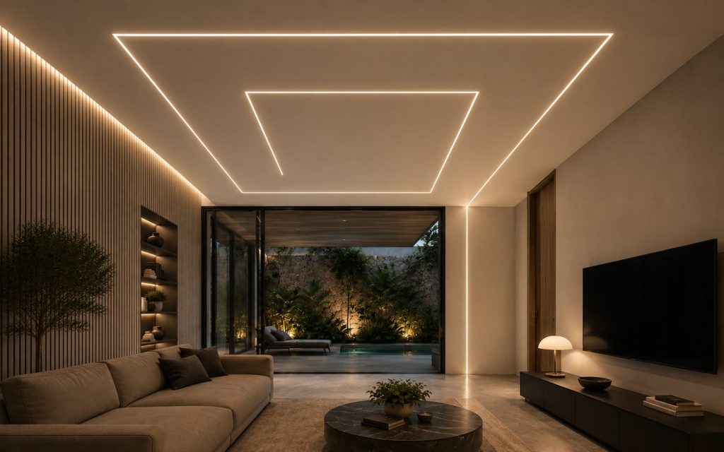 Recessed linear light lines set flush into a living room ceiling
