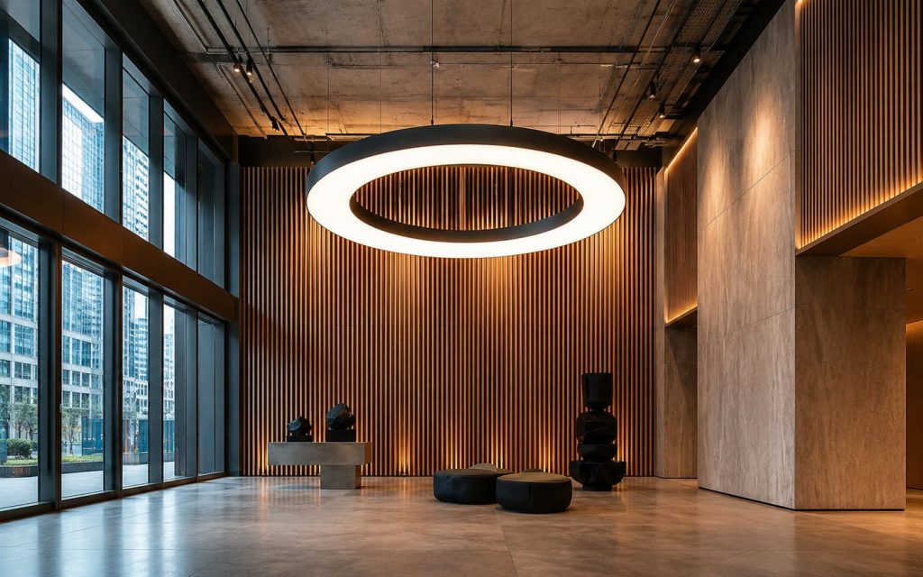 Circular luminous ring ceiling light in a double height lobby with a timber slat wall