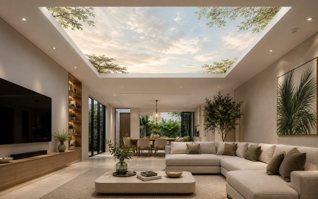 Printed stretch ceiling showing a backlit sky and trees above a living room