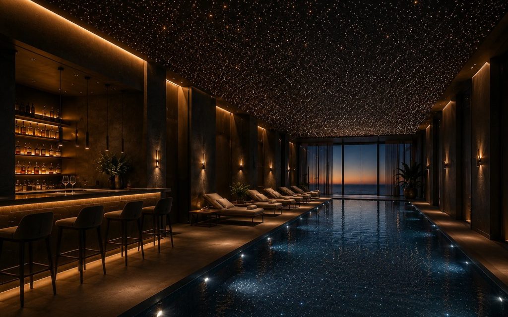Fiber optic star ceiling over an indoor pool at dusk