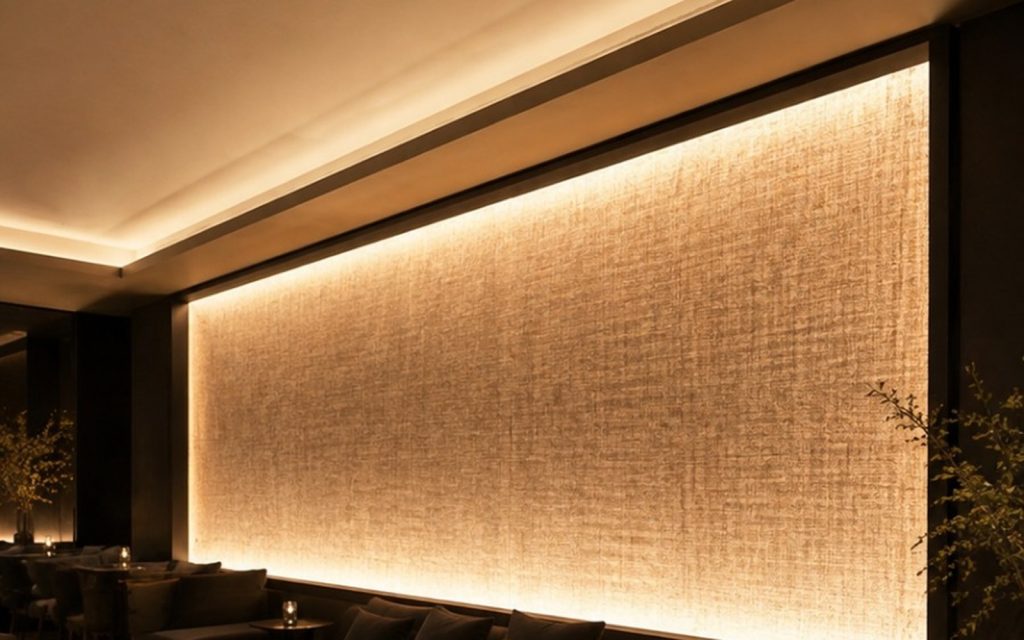 Backlit linen texture luminous wall panel behind a lounge seating area