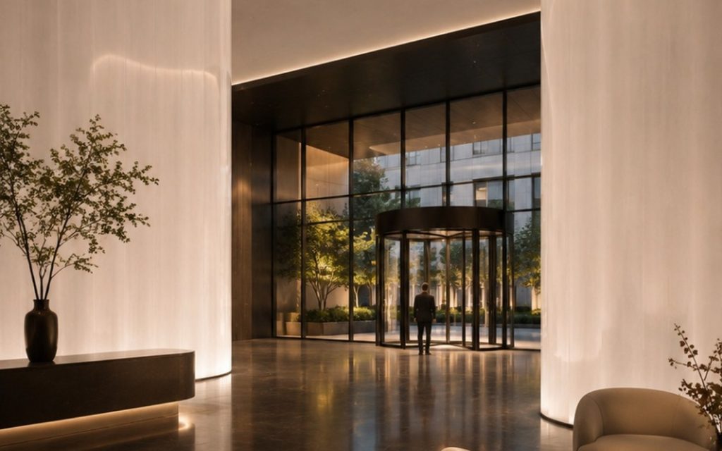 Two full height curved luminous walls flanking a corporate lobby entrance