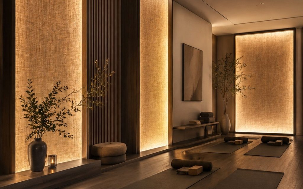 Three tall backlit luminous wall panels lighting a wellness studio